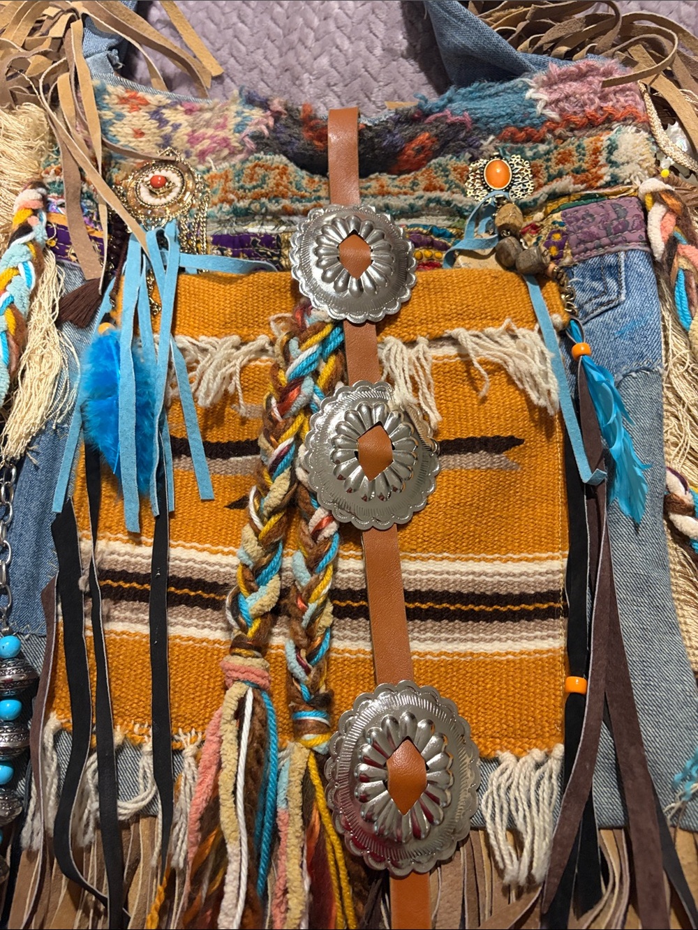 Boho Fringe Crossbody Bag - Mustard & Turquoise - Picture 2 of 9